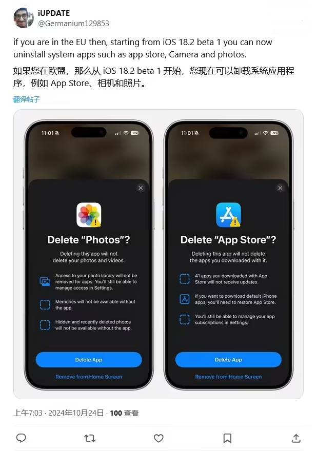 亭湖苹果手机维修分享iOS 18.2 支持删除 App Store 应用商店 