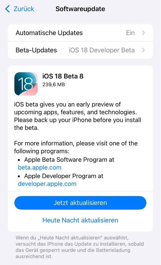 亭湖苹果手机维修分享苹果 iOS / iPadOS 18 开发者预览版 Beta 8 发布 